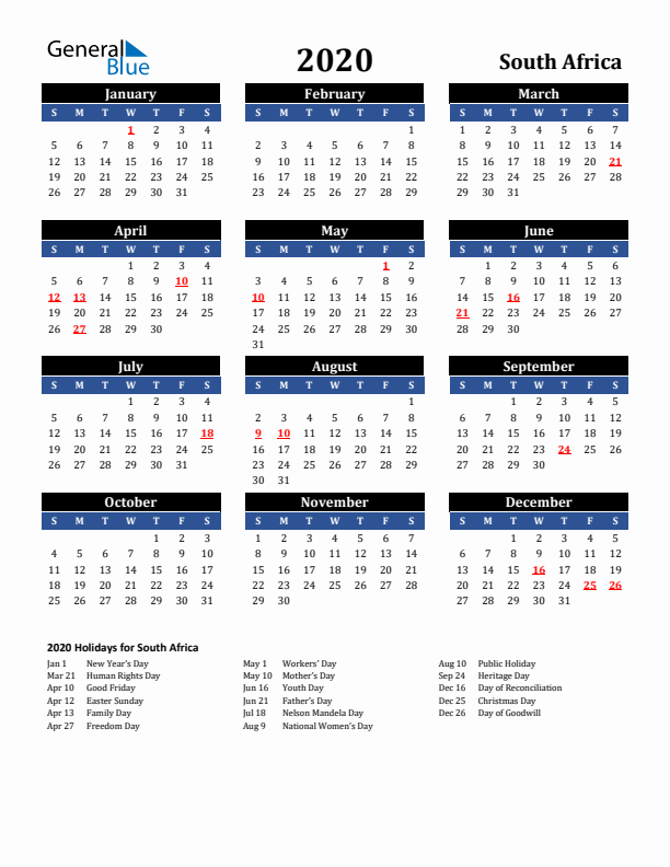 2020 South Africa Holiday Calendar