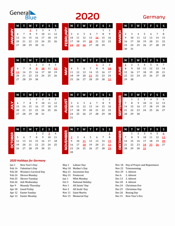 Download Germany 2020 Calendar - Monday Start