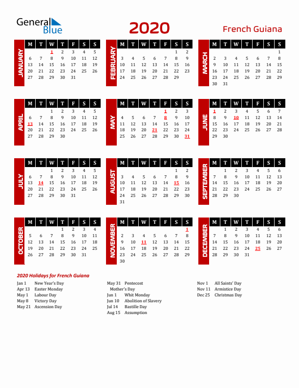 Download French Guiana 2020 Calendar - Monday Start