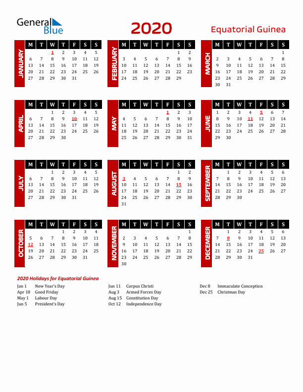 Download Equatorial Guinea 2020 Calendar - Monday Start