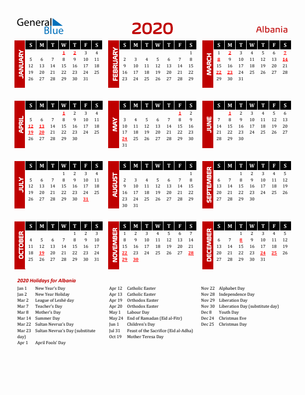 Download Albania 2020 Calendar - Sunday Start