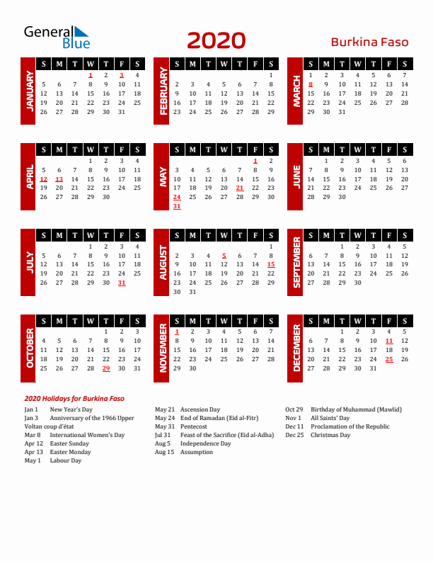 Download Burkina Faso 2020 Calendar - Sunday Start