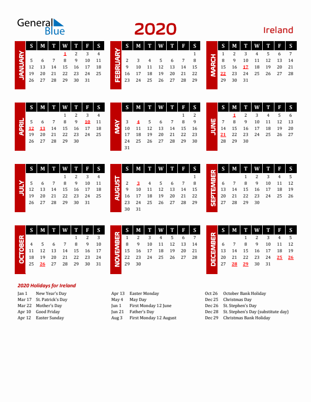 Download Ireland 2020 Calendar - Sunday Start