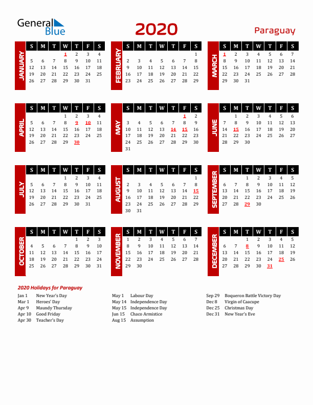 Download Paraguay 2020 Calendar - Sunday Start