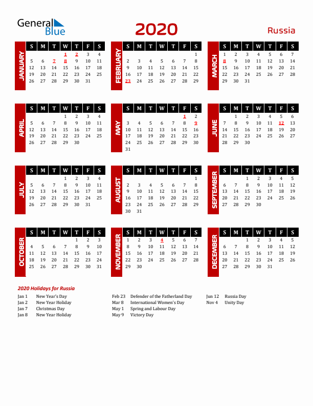 Download Russia 2020 Calendar - Sunday Start