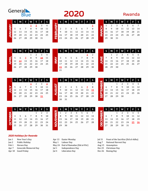 Download Rwanda 2020 Calendar - Sunday Start