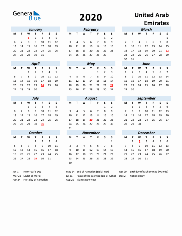 2020 Calendar for United Arab Emirates with Holidays