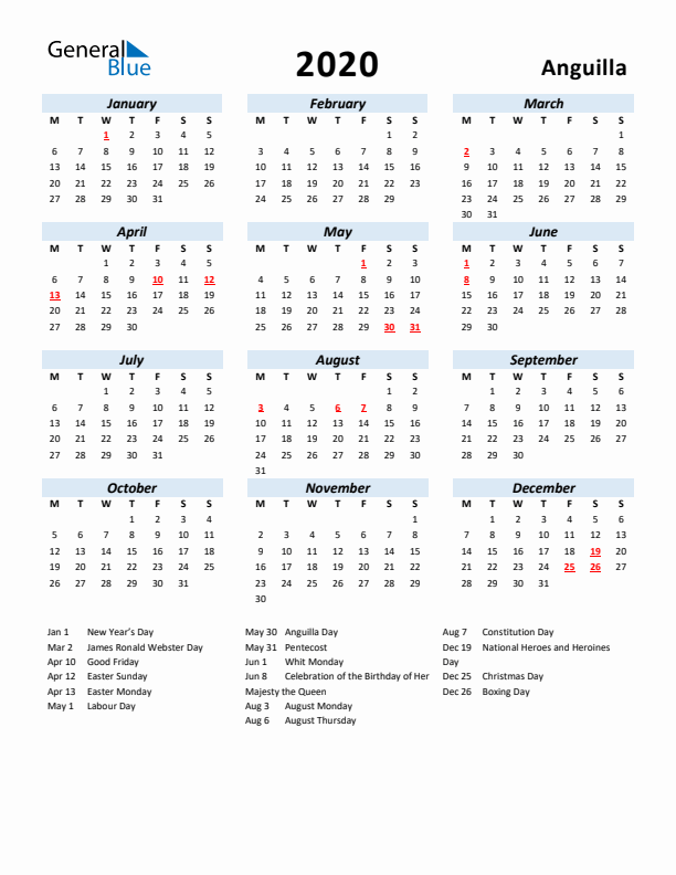 2020 Calendar for Anguilla with Holidays