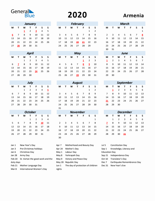 2020 Calendar for Armenia with Holidays