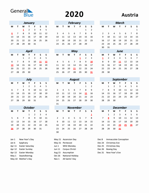 2020 Calendar for Austria with Holidays