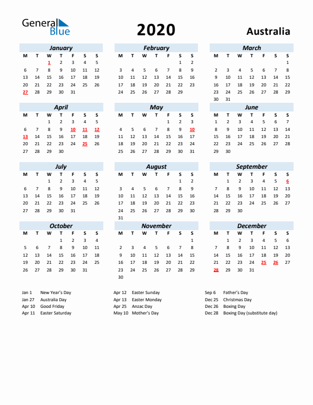 2020 Calendar for Australia with Holidays