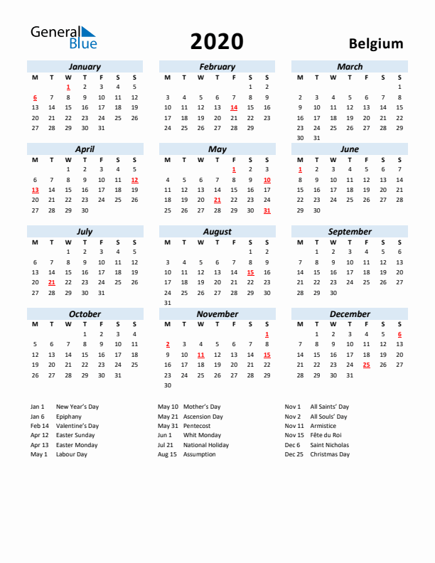 2020 Calendar for Belgium with Holidays