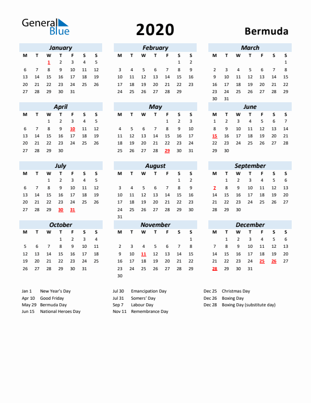 2020 Calendar for Bermuda with Holidays