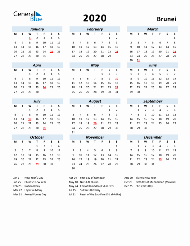 2020 Calendar for Brunei with Holidays