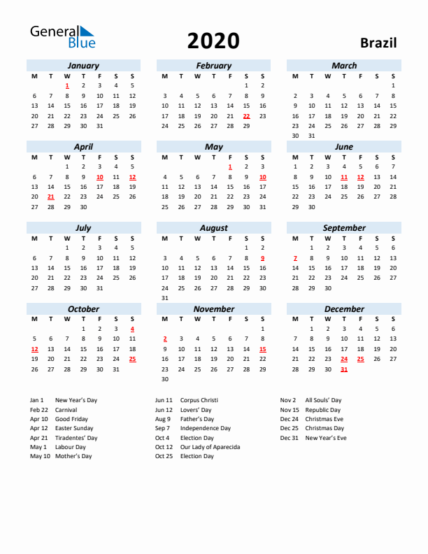 2020 Calendar for Brazil with Holidays