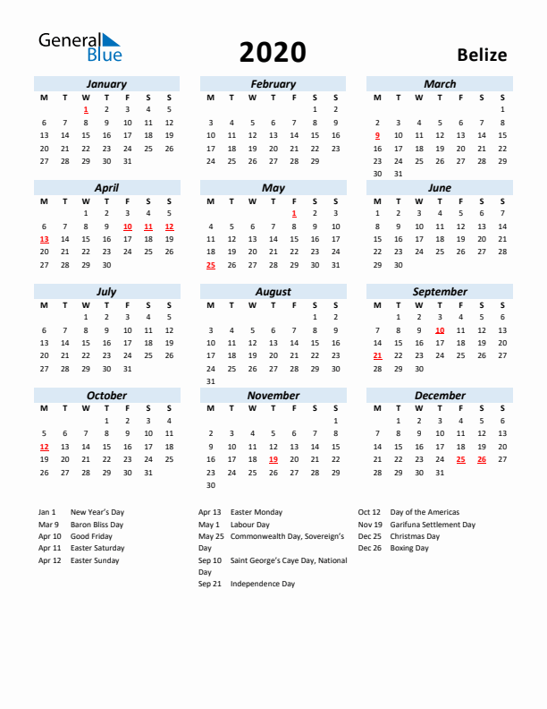 2020 Calendar for Belize with Holidays