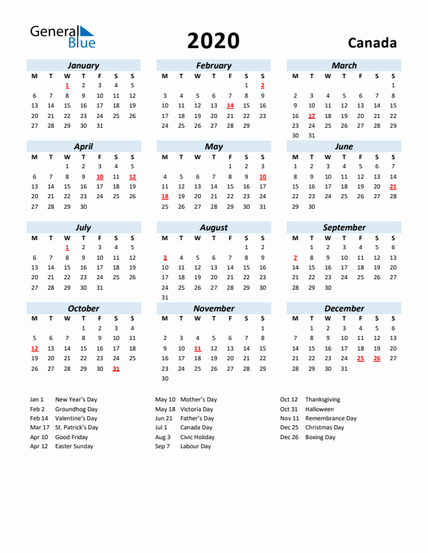 2020 Calendar for Canada with Holidays