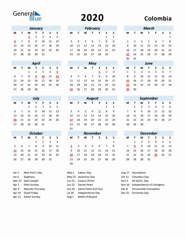 2020 Calendar for Colombia with Holidays