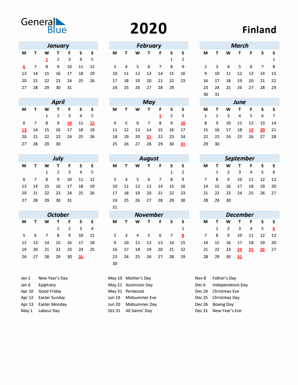 2020 Calendar for Finland with Holidays