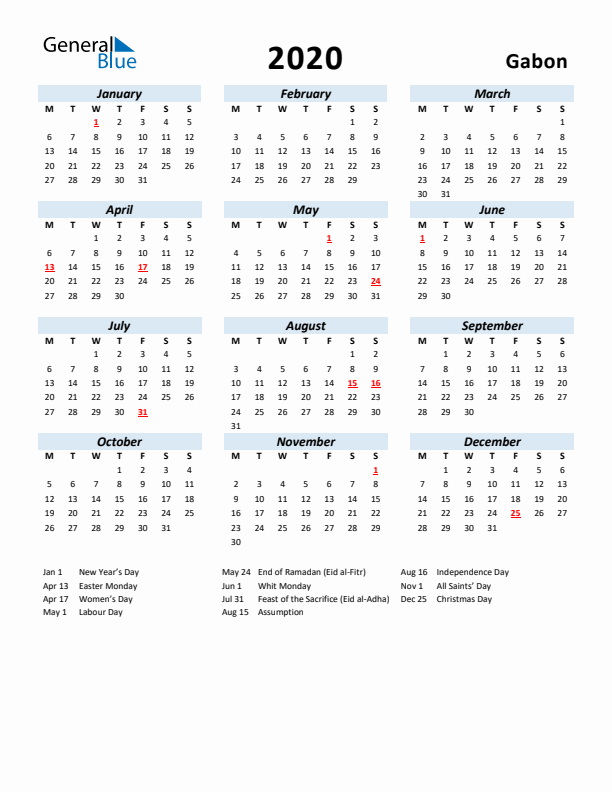 2020 Calendar for Gabon with Holidays