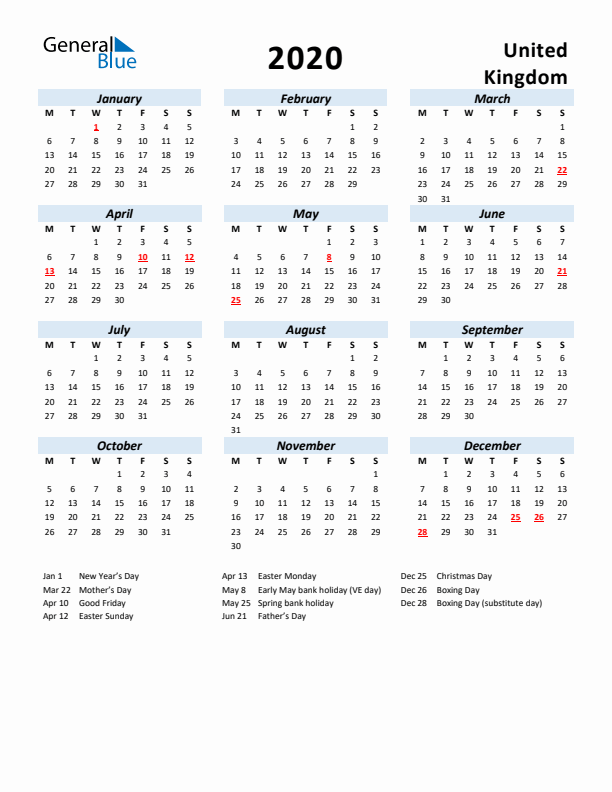 2020 Calendar for United Kingdom with Holidays