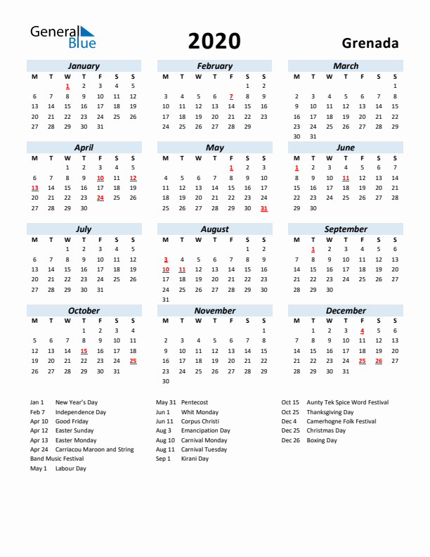 2020 Calendar for Grenada with Holidays