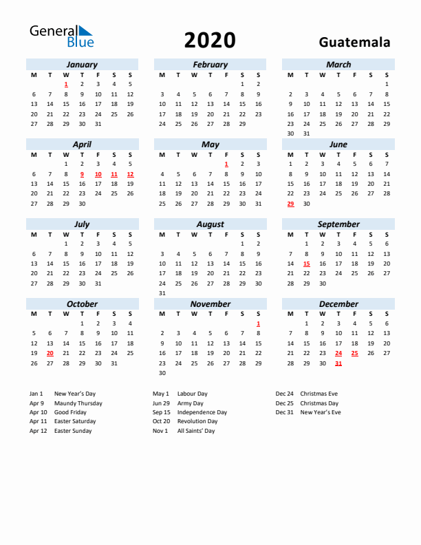 2020 Calendar for Guatemala with Holidays