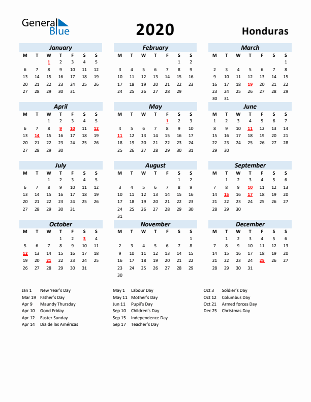 2020 Calendar for Honduras with Holidays