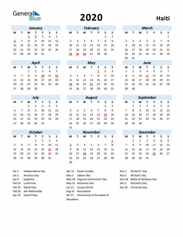 2020 Calendar for Haiti with Holidays