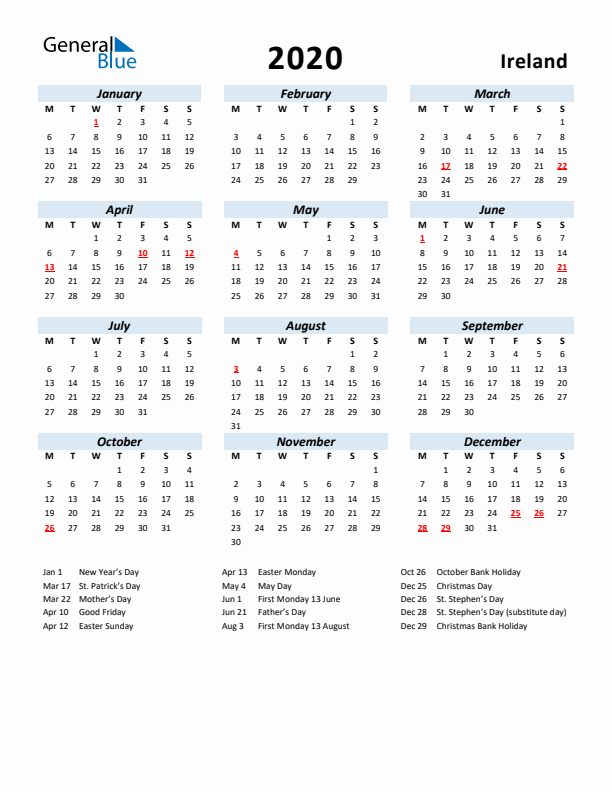 2020 Calendar for Ireland with Holidays