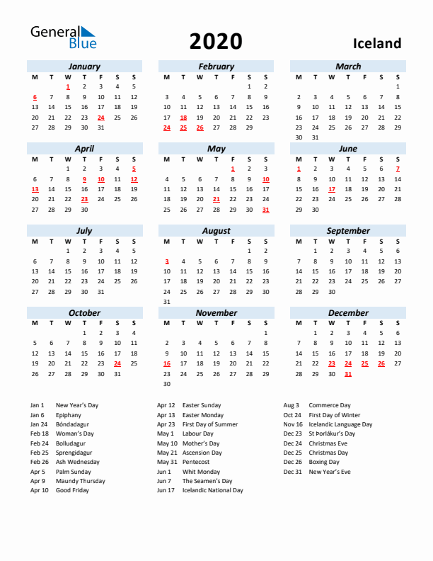 2020 Calendar for Iceland with Holidays