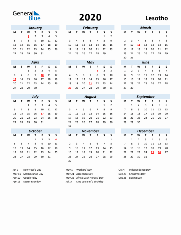 2020 Calendar for Lesotho with Holidays