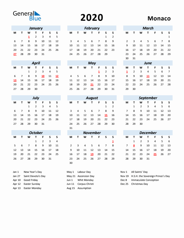 2020 Calendar for Monaco with Holidays