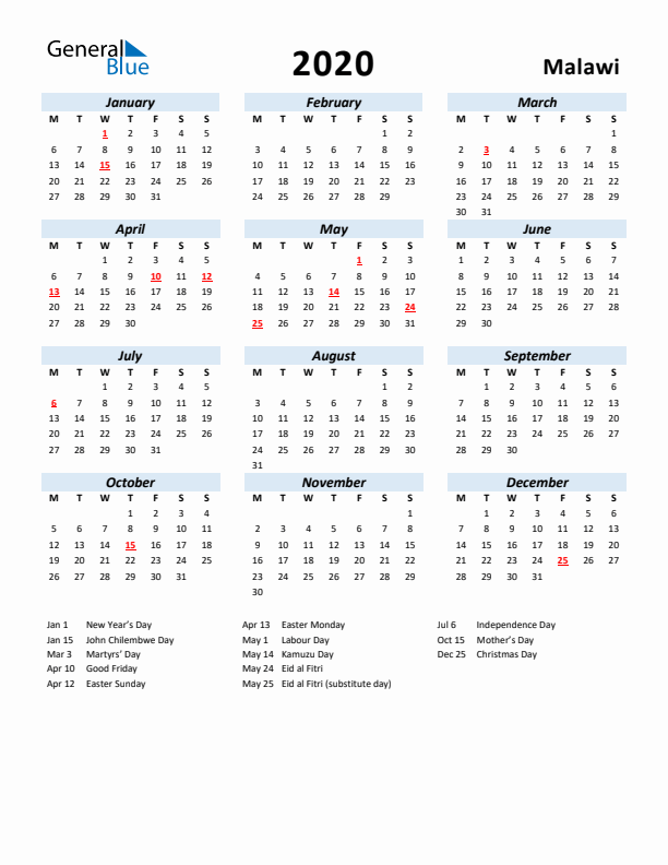 2020 Calendar for Malawi with Holidays