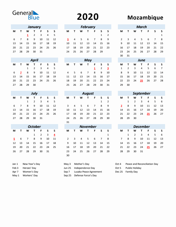 2020 Calendar for Mozambique with Holidays