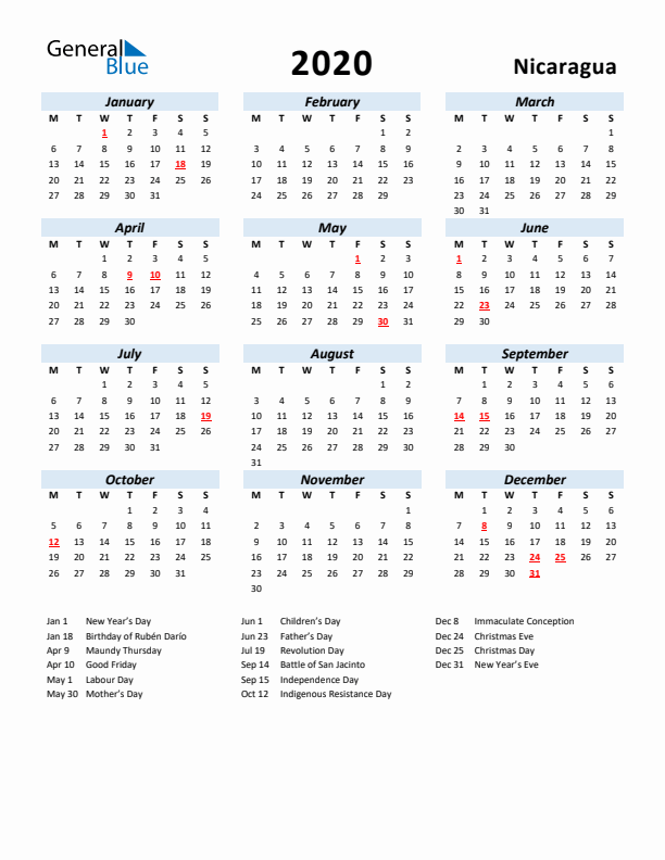 2020 Calendar for Nicaragua with Holidays