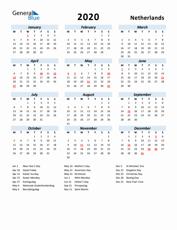 2020 Calendar for The Netherlands with Holidays