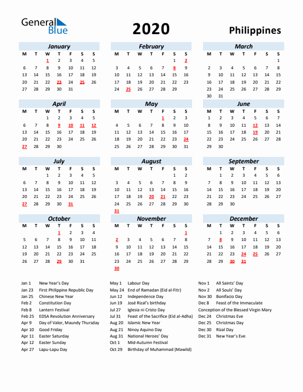 2020 Calendar for Philippines with Holidays