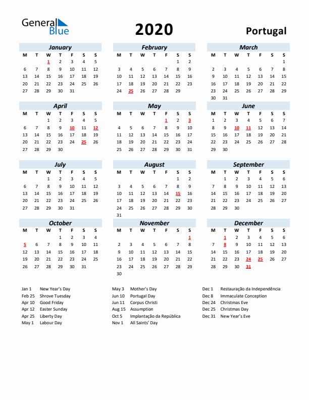 2020 Calendar for Portugal with Holidays