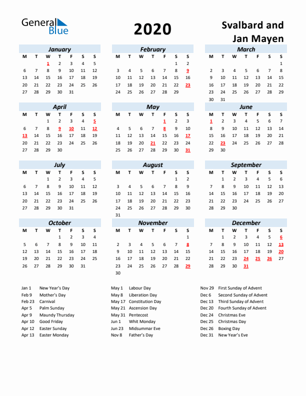 2020 Calendar for Svalbard and Jan Mayen with Holidays