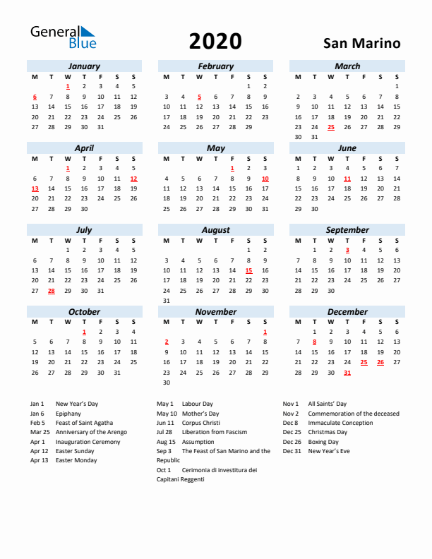 2020 Calendar for San Marino with Holidays