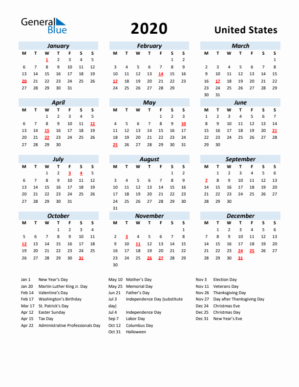 2020 Calendar for United States with Holidays