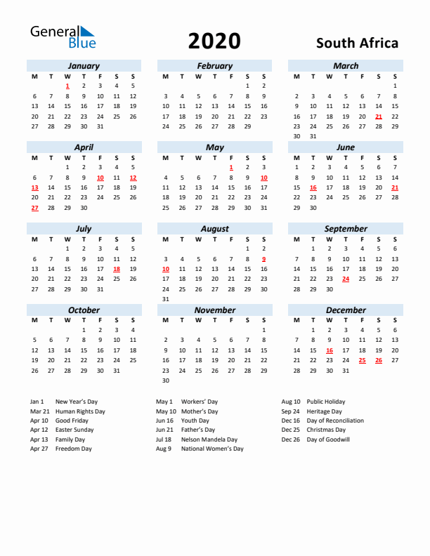 2020 Calendar for South Africa with Holidays