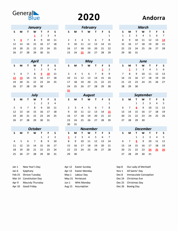 2020 Calendar for Andorra with Holidays