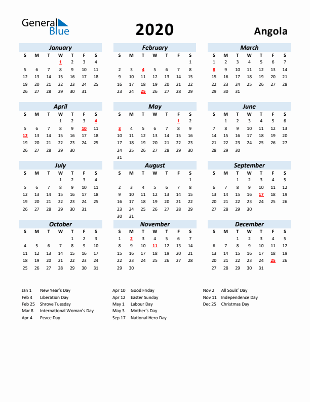 2020 Calendar for Angola with Holidays