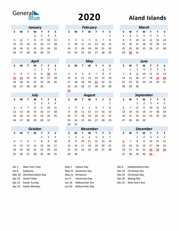 2020 Calendar for Aland Islands with Holidays