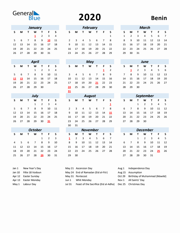 2020 Calendar for Benin with Holidays