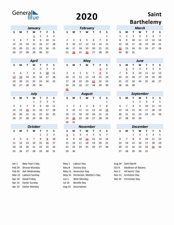 2020 Calendar for Saint Barthelemy with Holidays