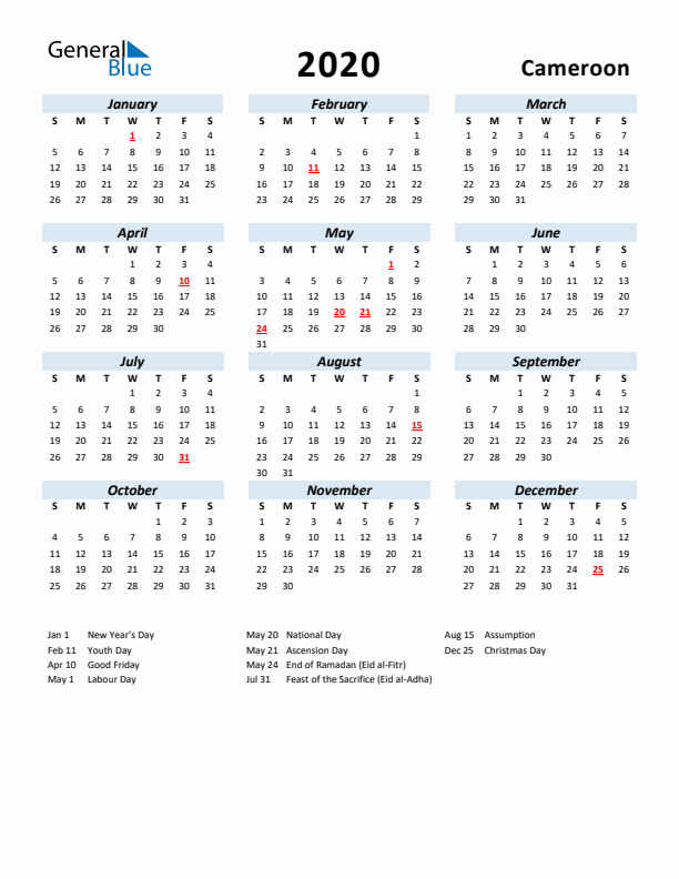 2020 Calendar for Cameroon with Holidays