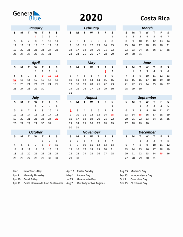 2020 Calendar for Costa Rica with Holidays